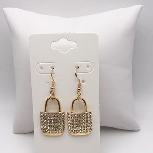 Rhinestone Gold Plated Pave Crystal Lock Dangle Drop Earrings
